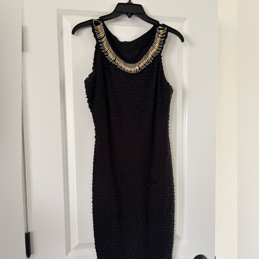 Joseph Ribkoff Black Midi Dress with Gold-Trimmed Neckline